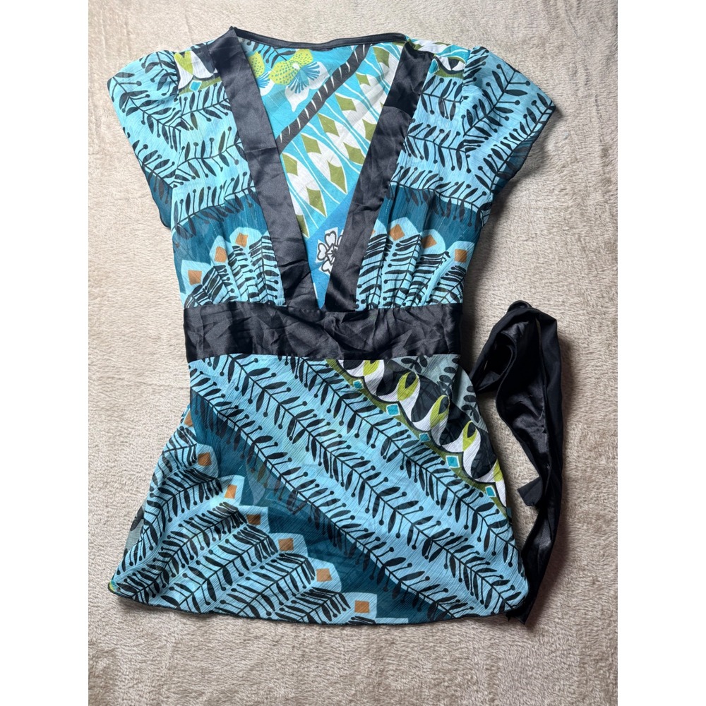 Vintage y2K Turquoise Geometric Print Sheer Tunic Top Tie Waist Boho Preppy‎